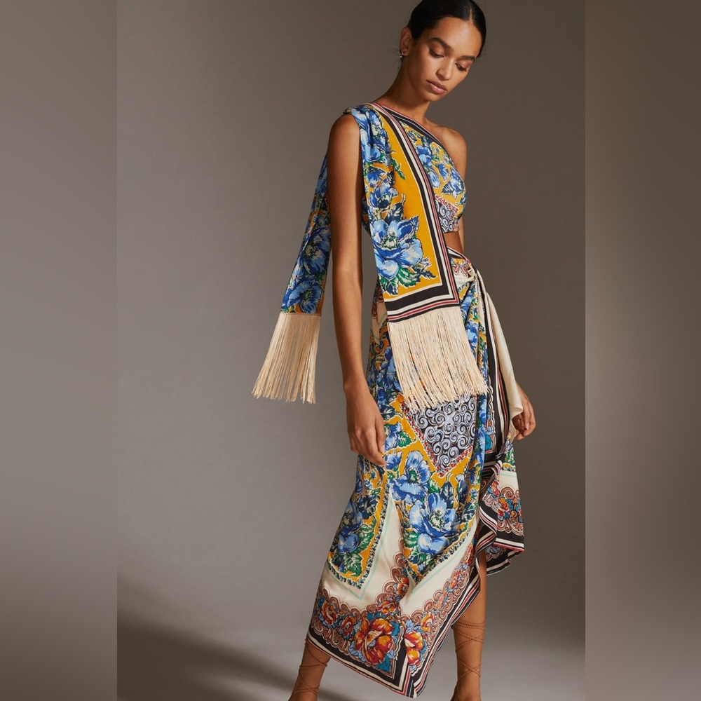One-Shoulder Floral Scarf-Print Dress in Blue and Gold - Picture 7 of 11